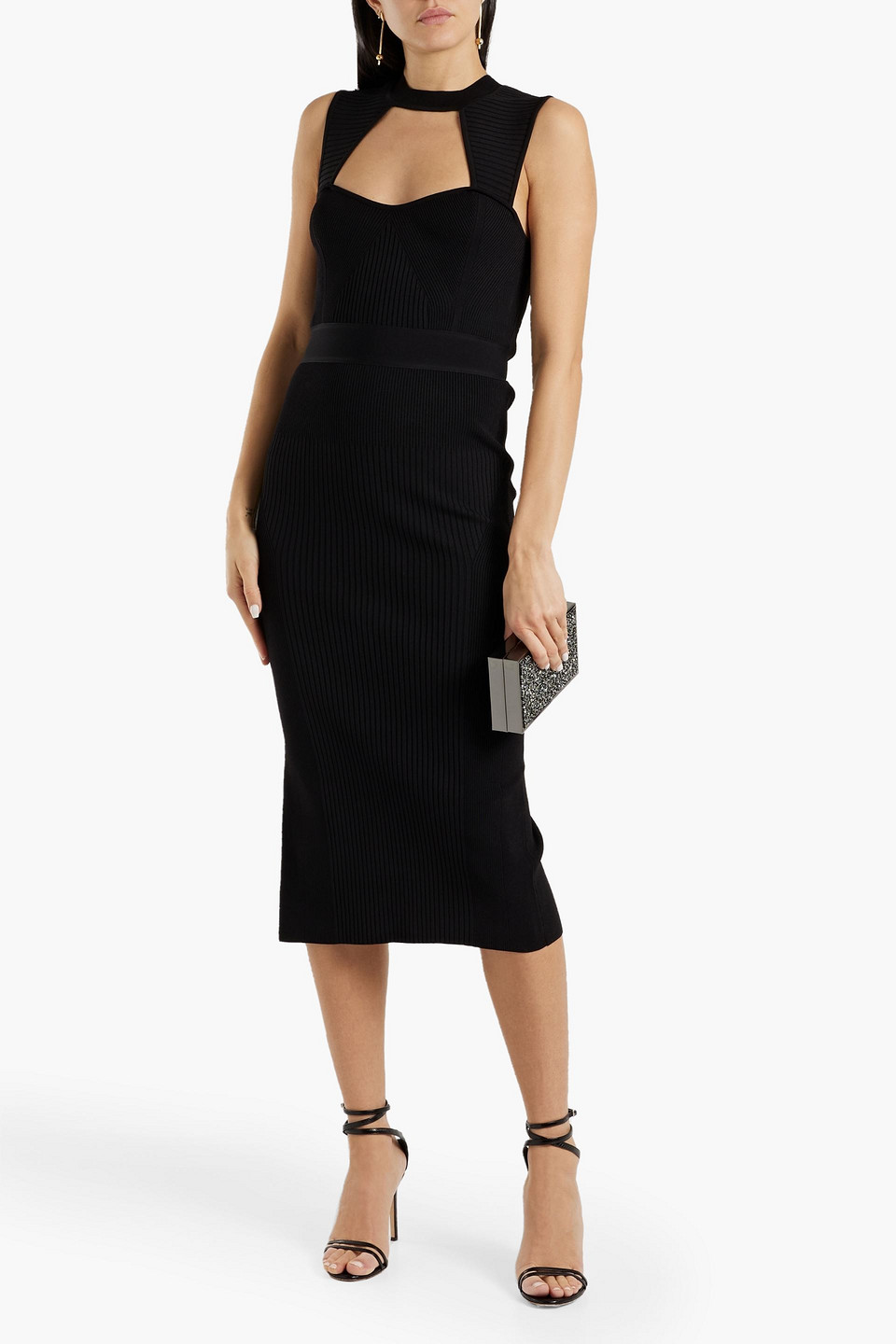 Herve Leger Cutout Mixed Ribbed Midi Dress In Black