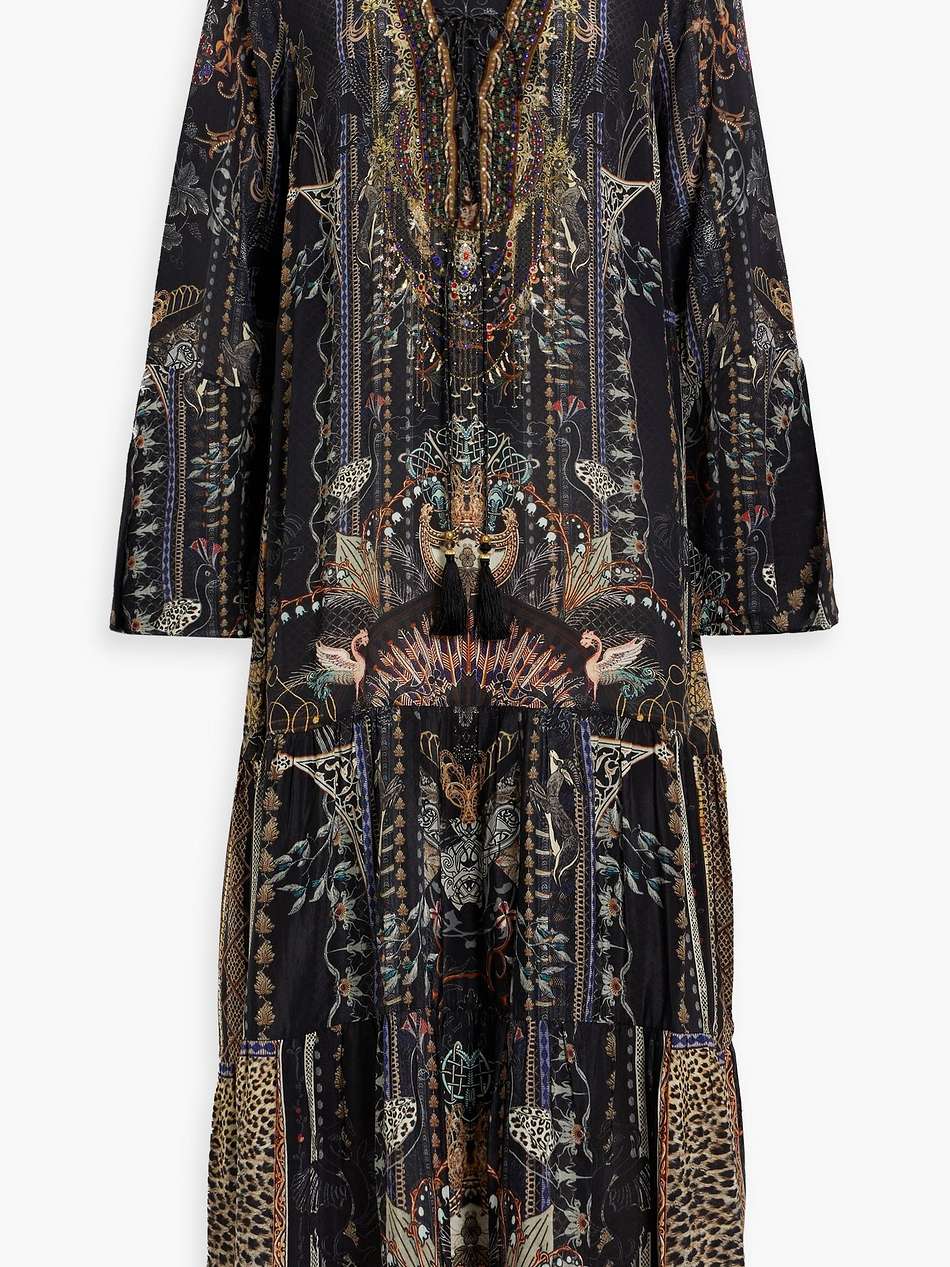 lace-up printed silk crepe de chine maxi dress