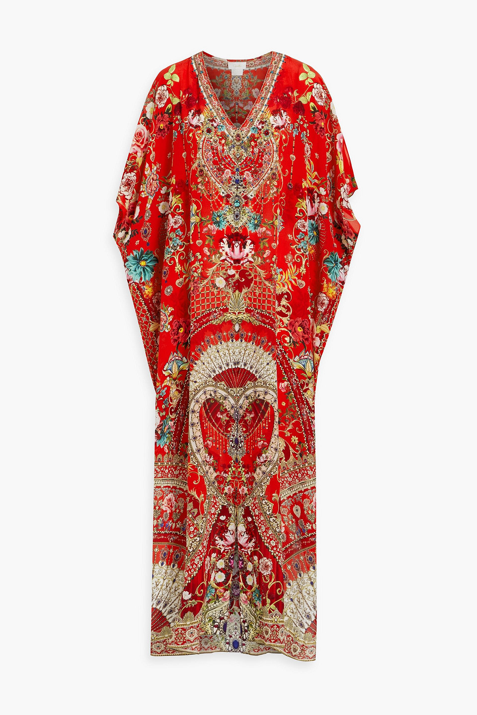 Camilla Embellished Printed Silk Crepe De Chine Kaftan In Tomato Red