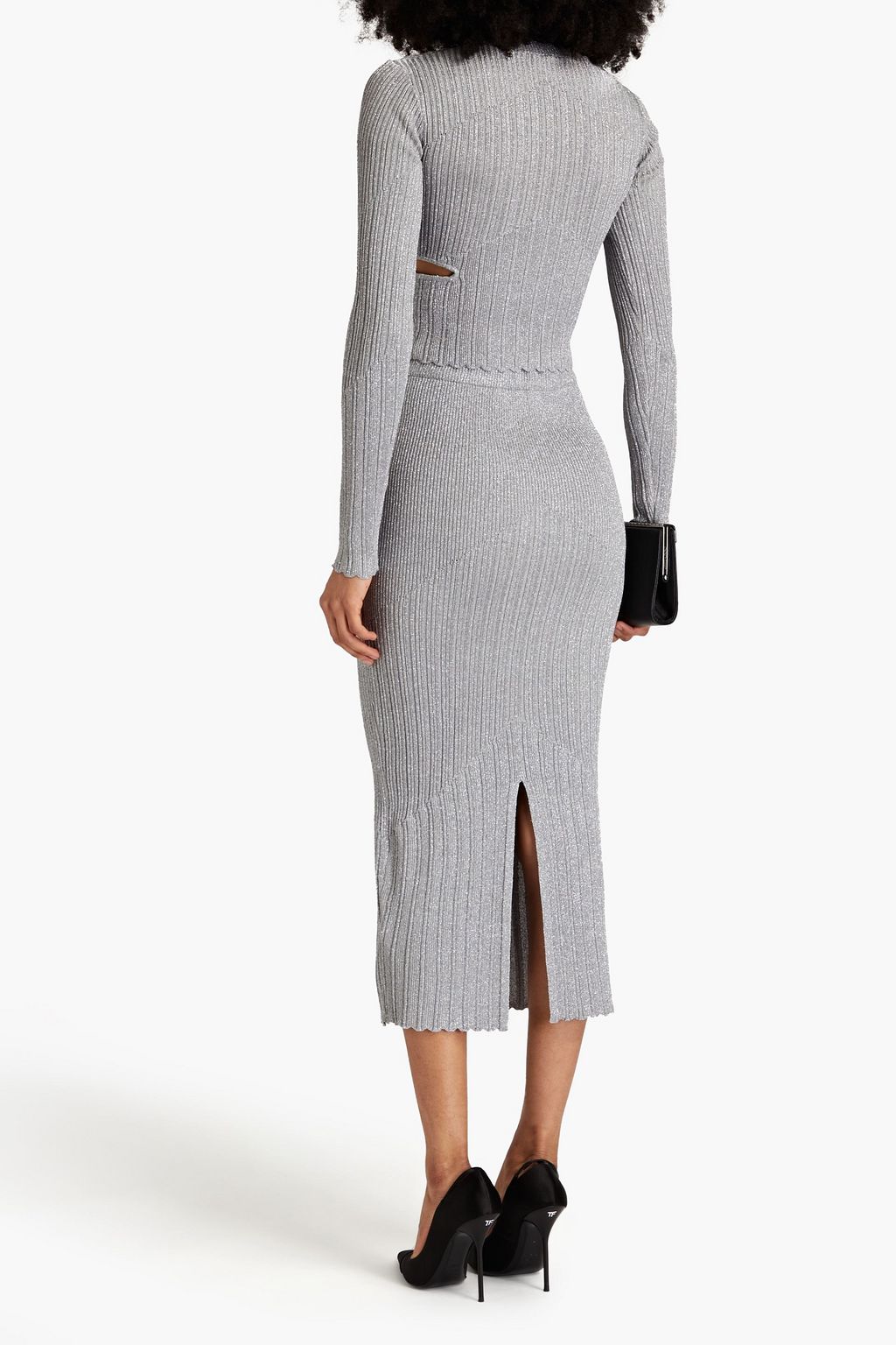 NICHOLAS Metallic ribbed-knit midi pencil skirt