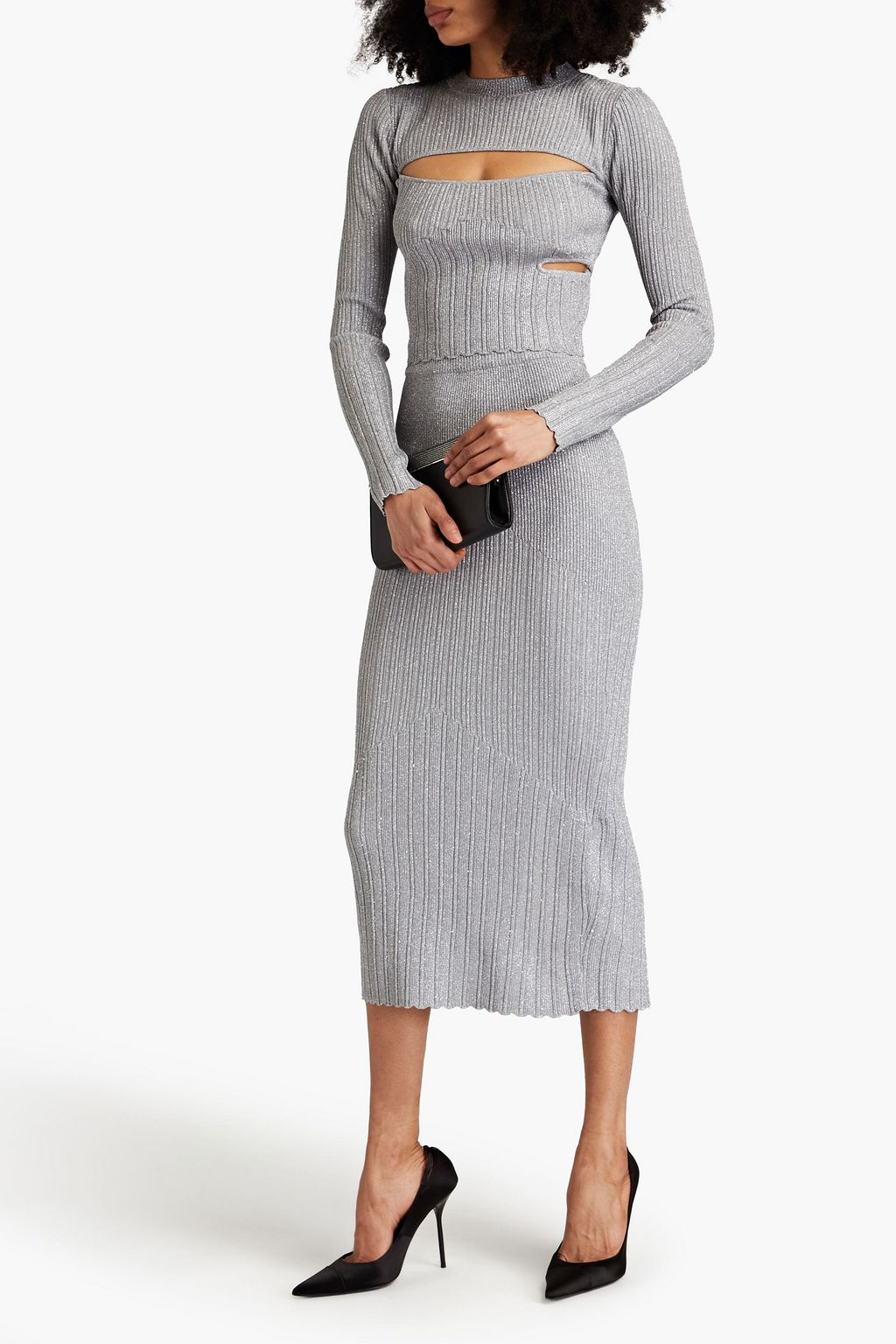 NICHOLAS Metallic ribbed-knit midi pencil skirt