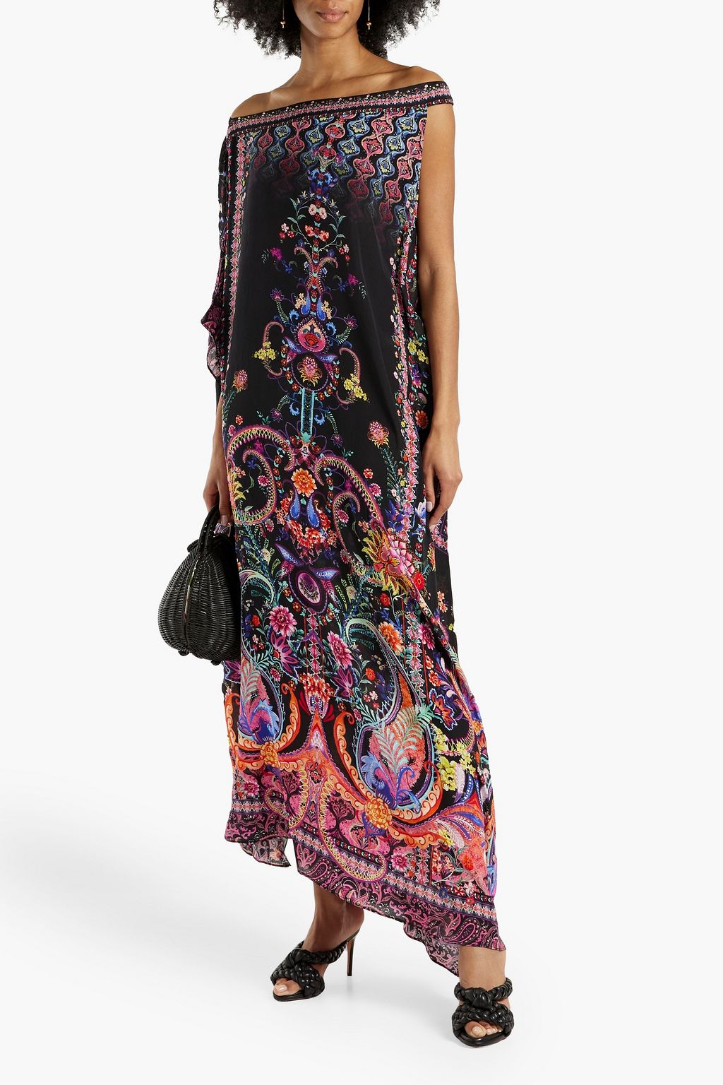 CAMILLA Off-the-shoulder crystal-embellished printed silk kaftan