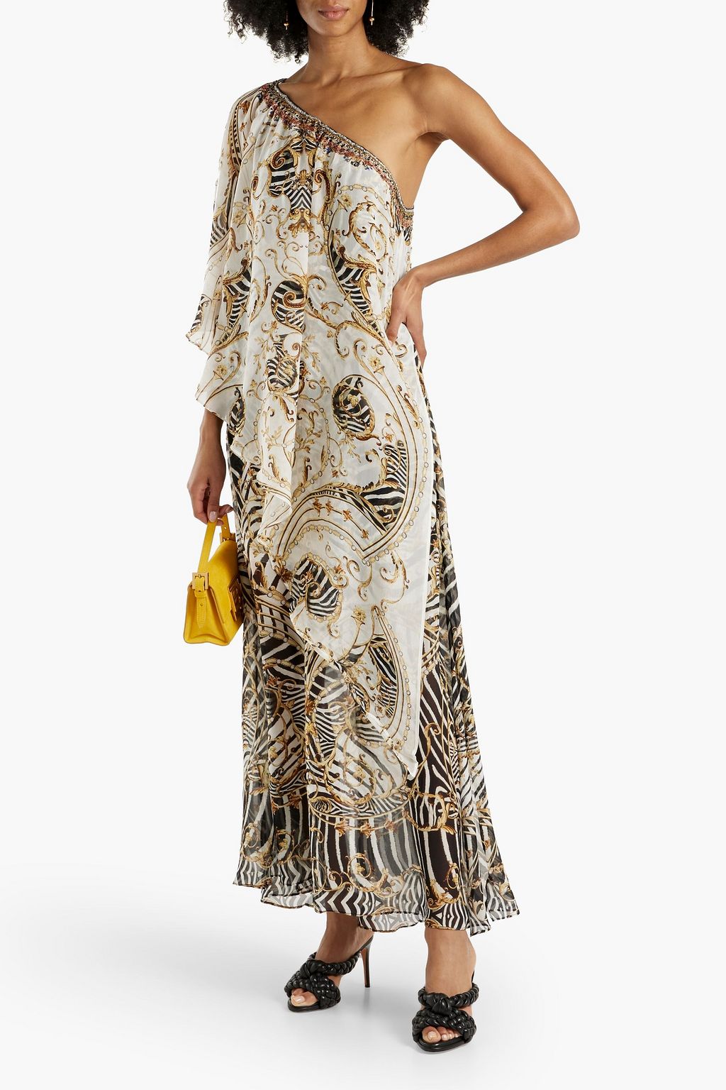 CAMILLA One-shoulder embellished printed silk-chiffon maxi dress