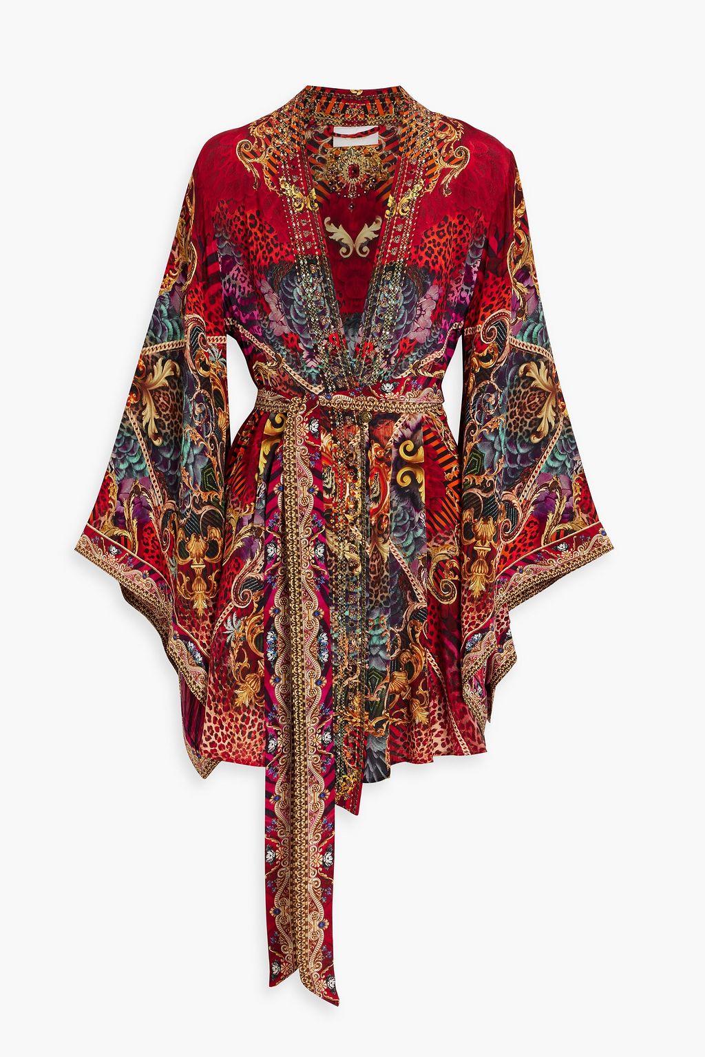 Belted embellished silk chiffon mini wrap dress