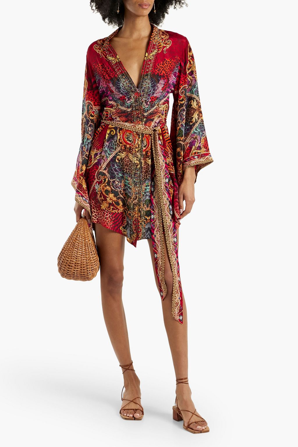 CAMILLA Belted embellished silk-chiffon mini wrap dress