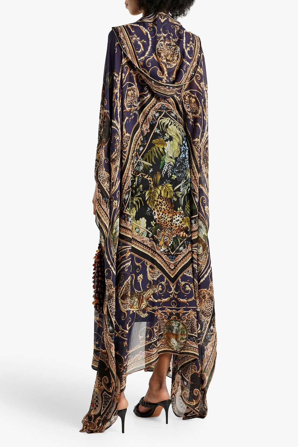 CAMILLA Bedruckter Kaftan aus Seidenchiffon mit Kapuze und Verzierung