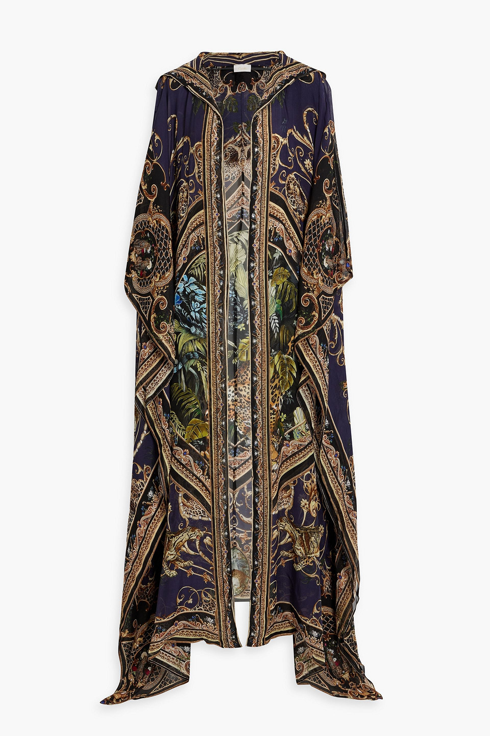 Camilla Embellished Printed Silk-chiffon Hooded Kaftan In Navy