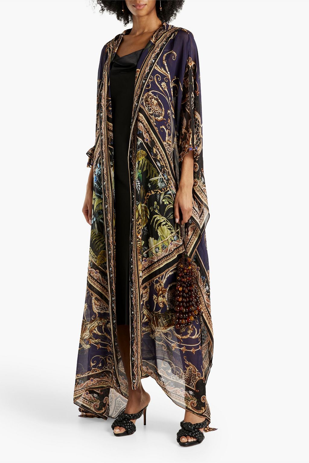 CAMILLA Bedruckter Kaftan aus Seidenchiffon mit Kapuze und Verzierung