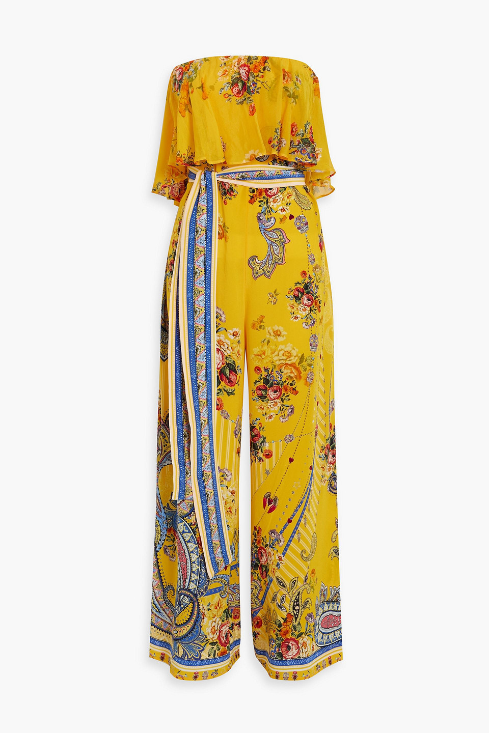 Camilla Strapless Crystal-embellished Printed Silk Crepe De Chine Jumpsuit In Saffron