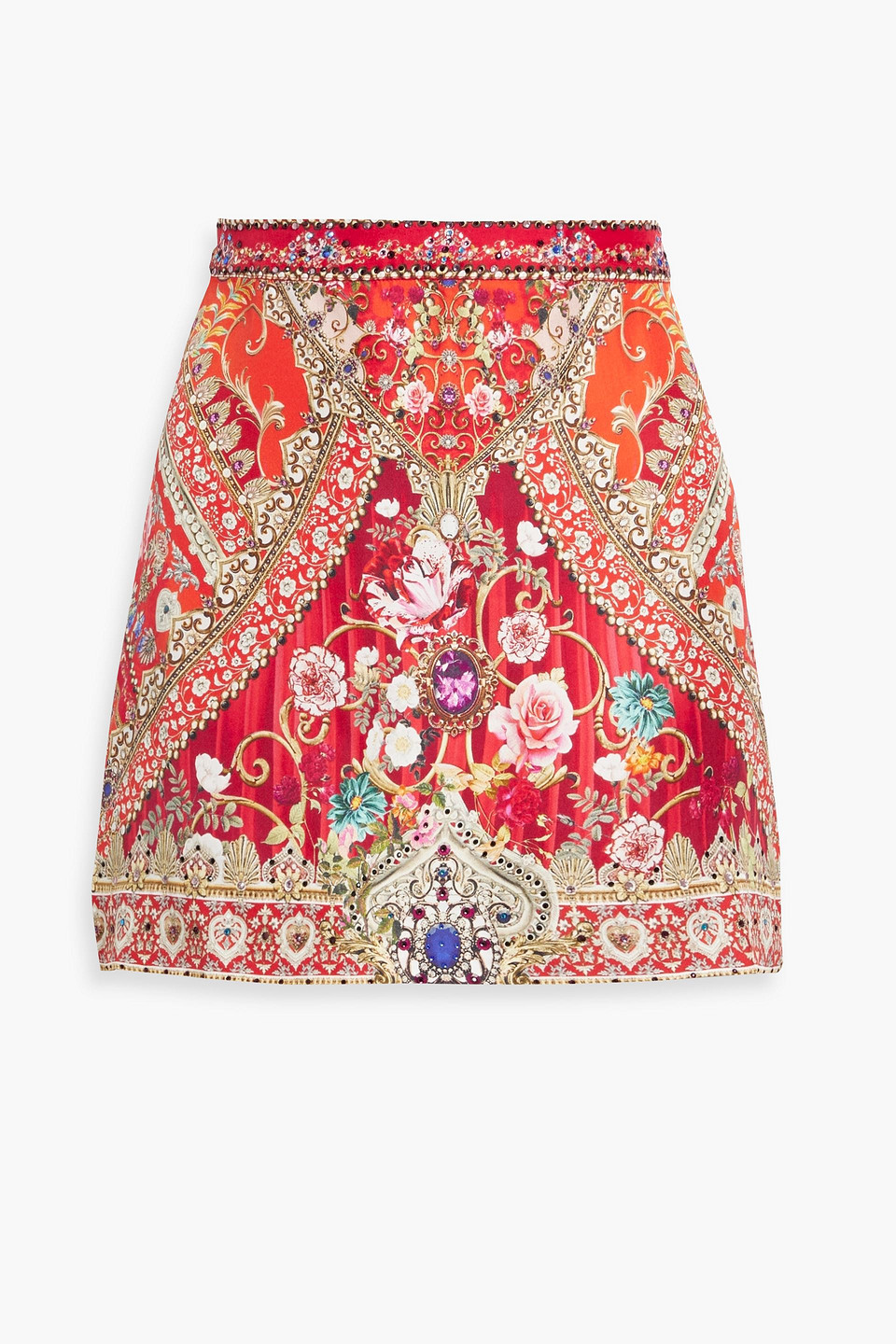 Camilla Crystal-embellished Printed Silk-satin Mini Skirt In Tomato Red