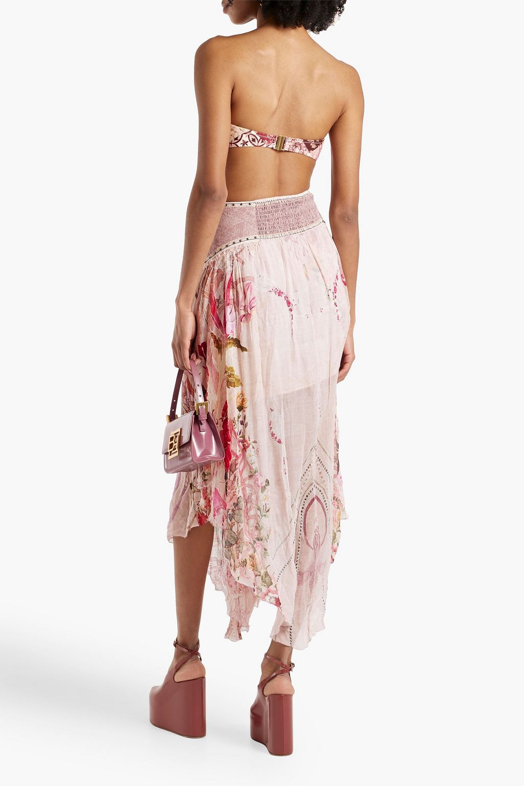 CAMILLA Asymmetric studded printed silk-georgette midi skirt
