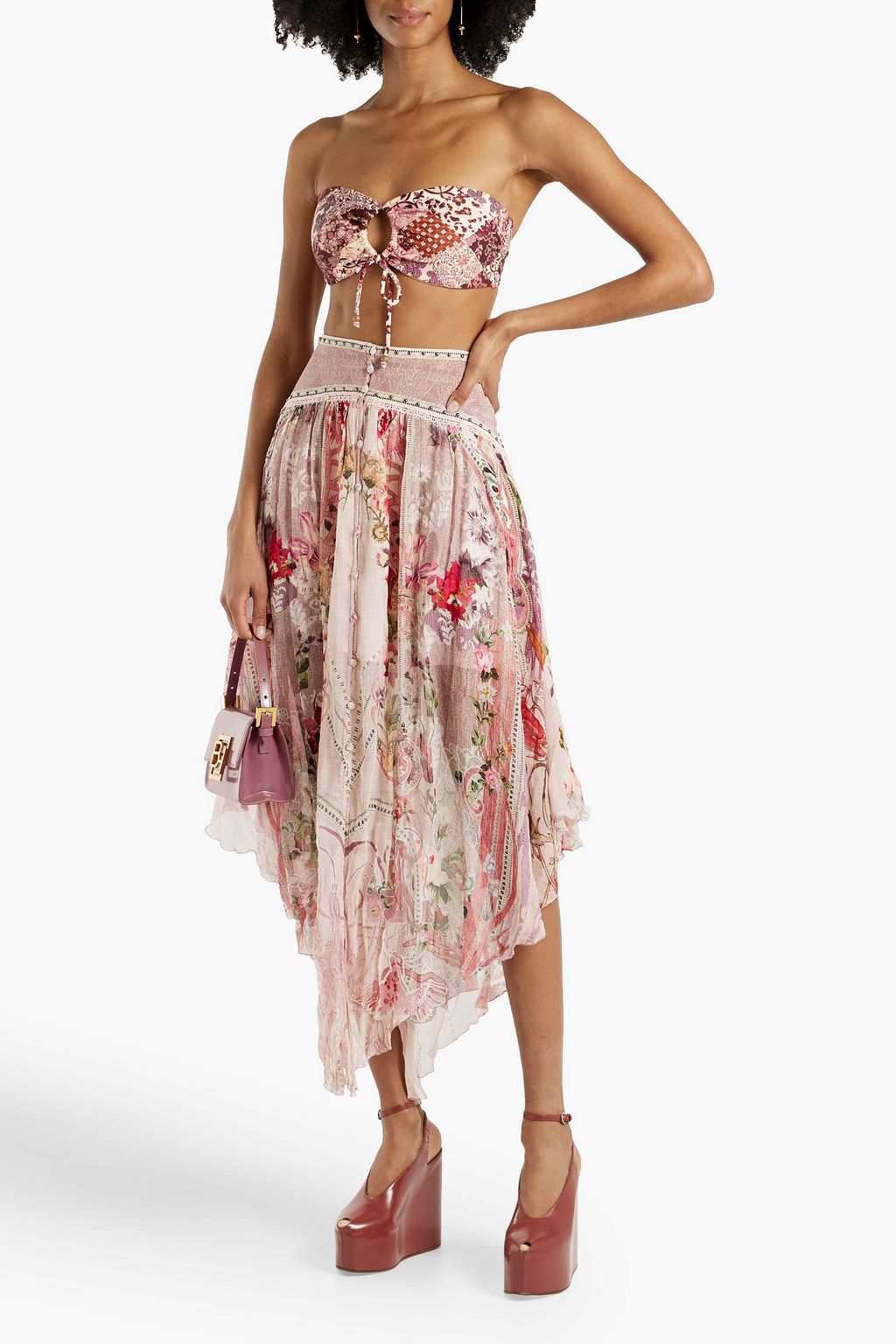 CAMILLA Asymmetric studded printed silk-georgette midi skirt