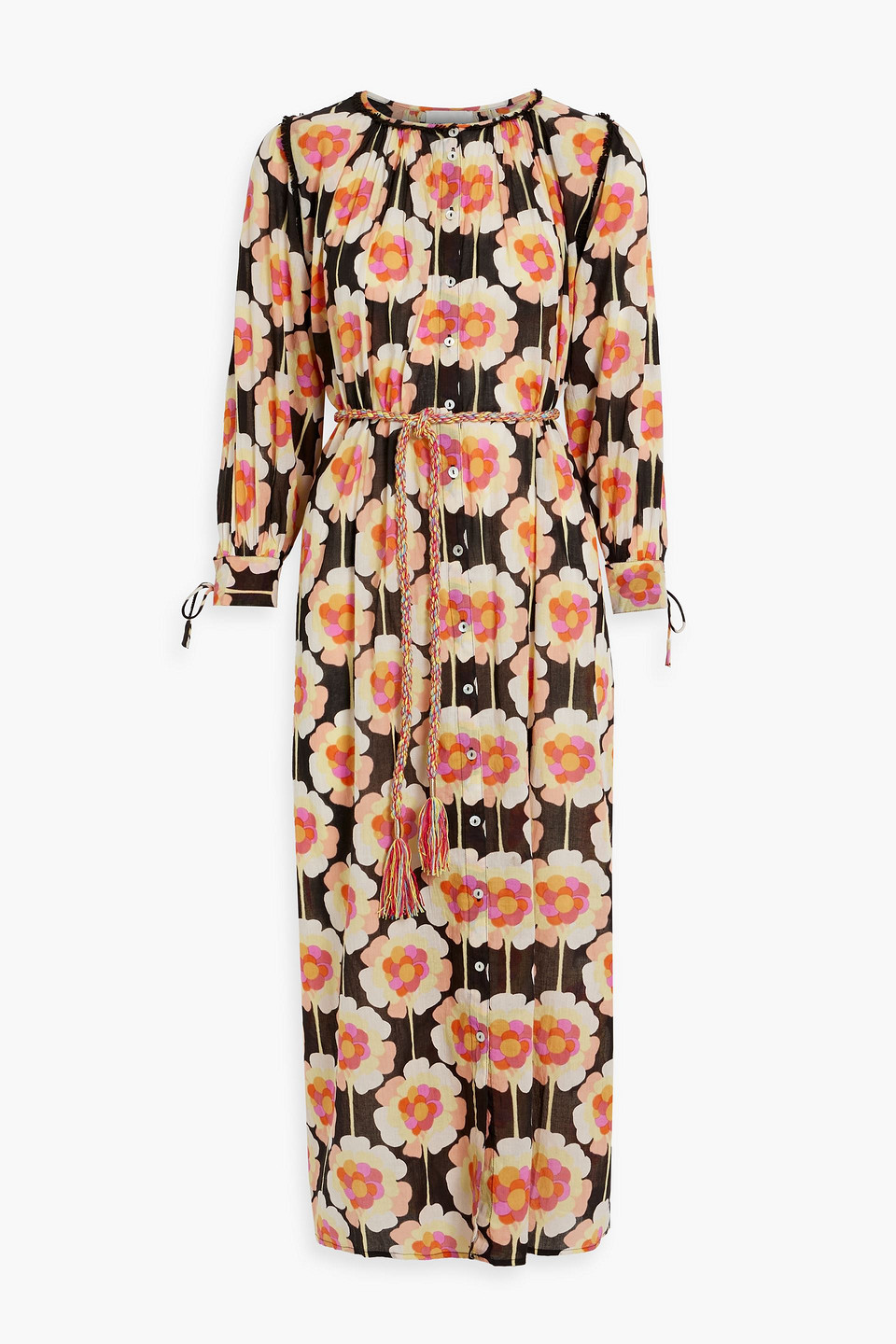 Antik Batik Flowy Belted Floral-print Cotton-voile Maxi Dress In Pastel Orange