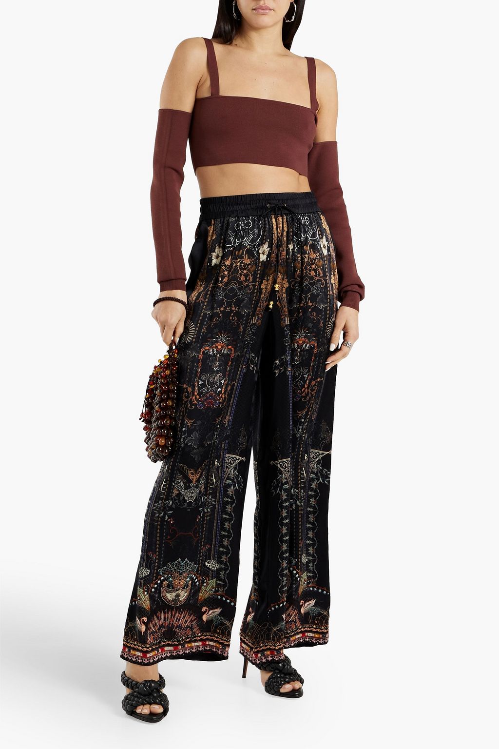 CAMILLA Embellished printed silk-satin wide-leg pants