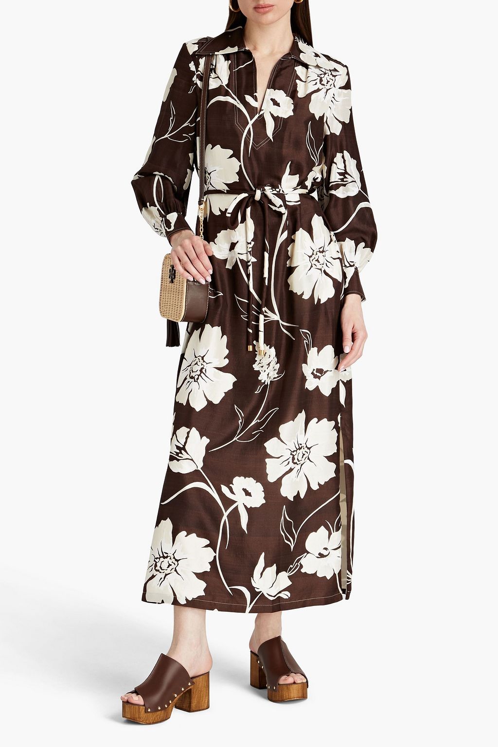 TORY BURCH Belted floral-print silk-dupioni midi dress