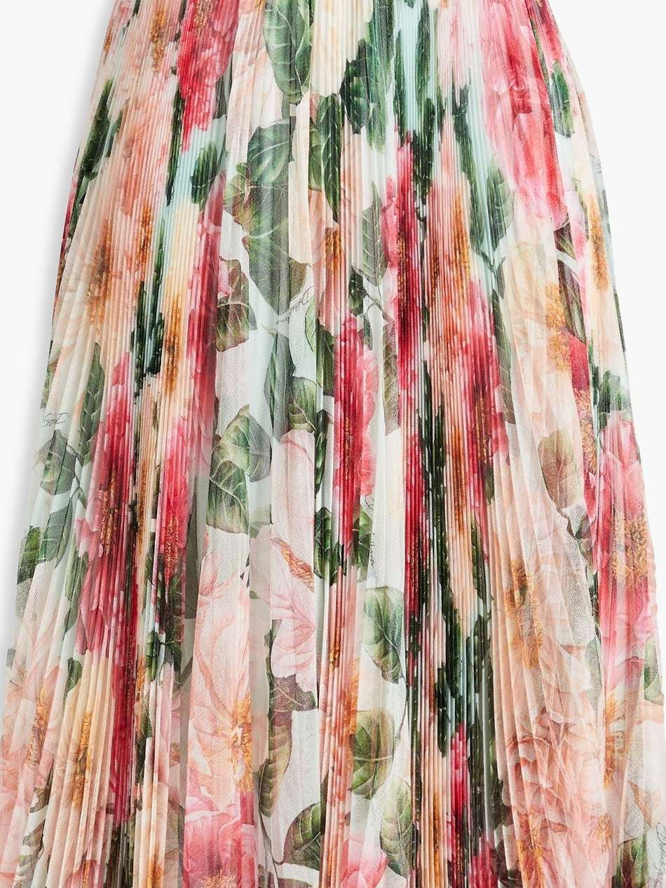 floral-print pleated silk-tulle skirt