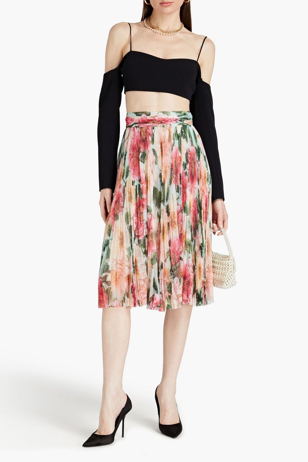 DOLCE&GABBANA Floral-print pleated silk-tulle skirt