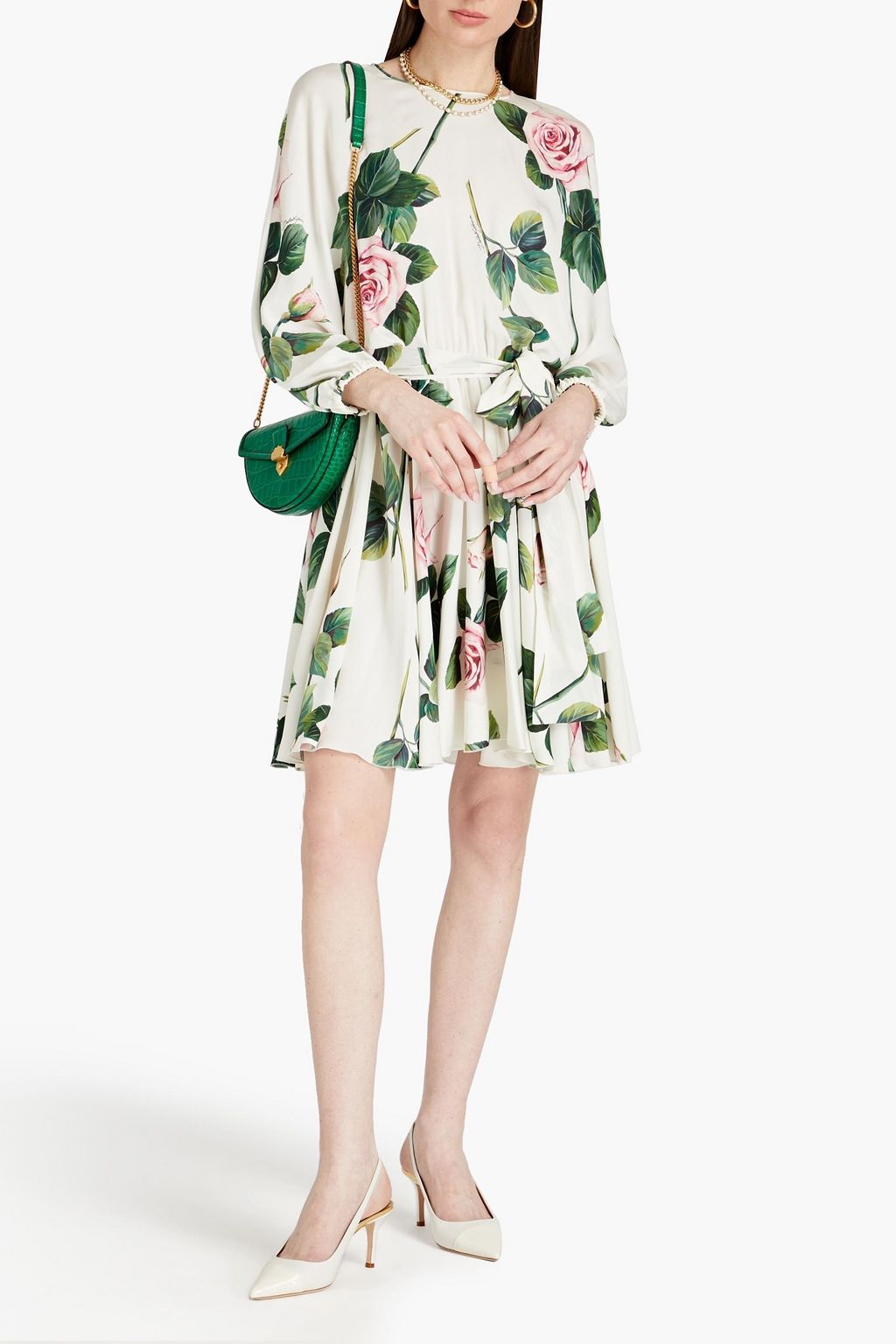 DOLCE&GABBANA シルク混クレープデシン ミニワンピース ベルト付き フローラルプリント