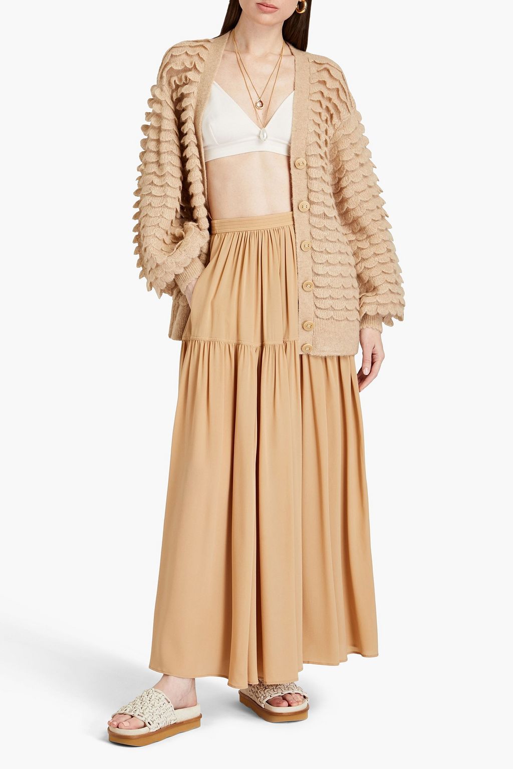 CHLOÉ Tiered gathered silk crepe de chine midi skirt