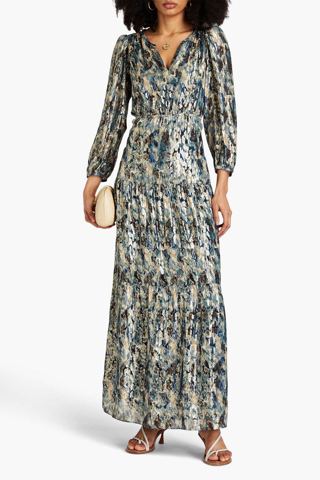 BA&SH Gullian printed metallic fil coupé silk-blend georgette maxi dress