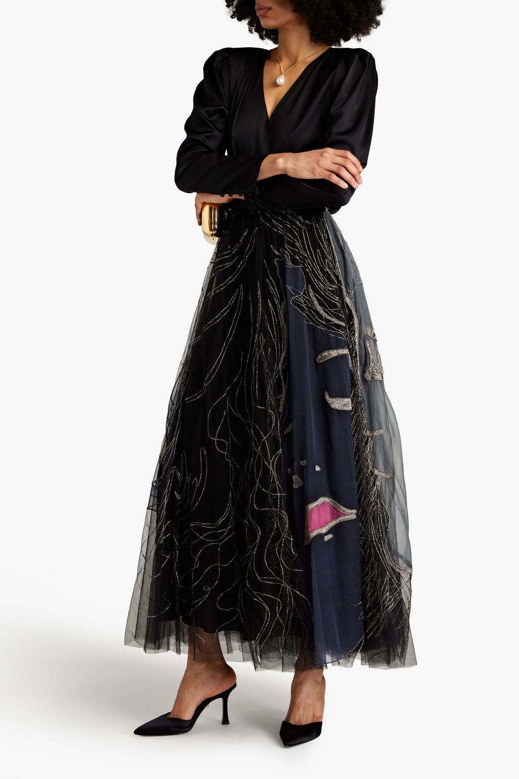 VALENTINO GARAVANI Embellished tulle and organza maxi skirt