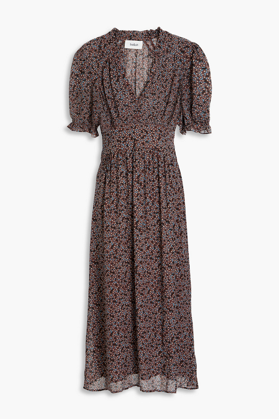 Ba&sh Pally Gathered Printed Georgette Midi Dress In Brown