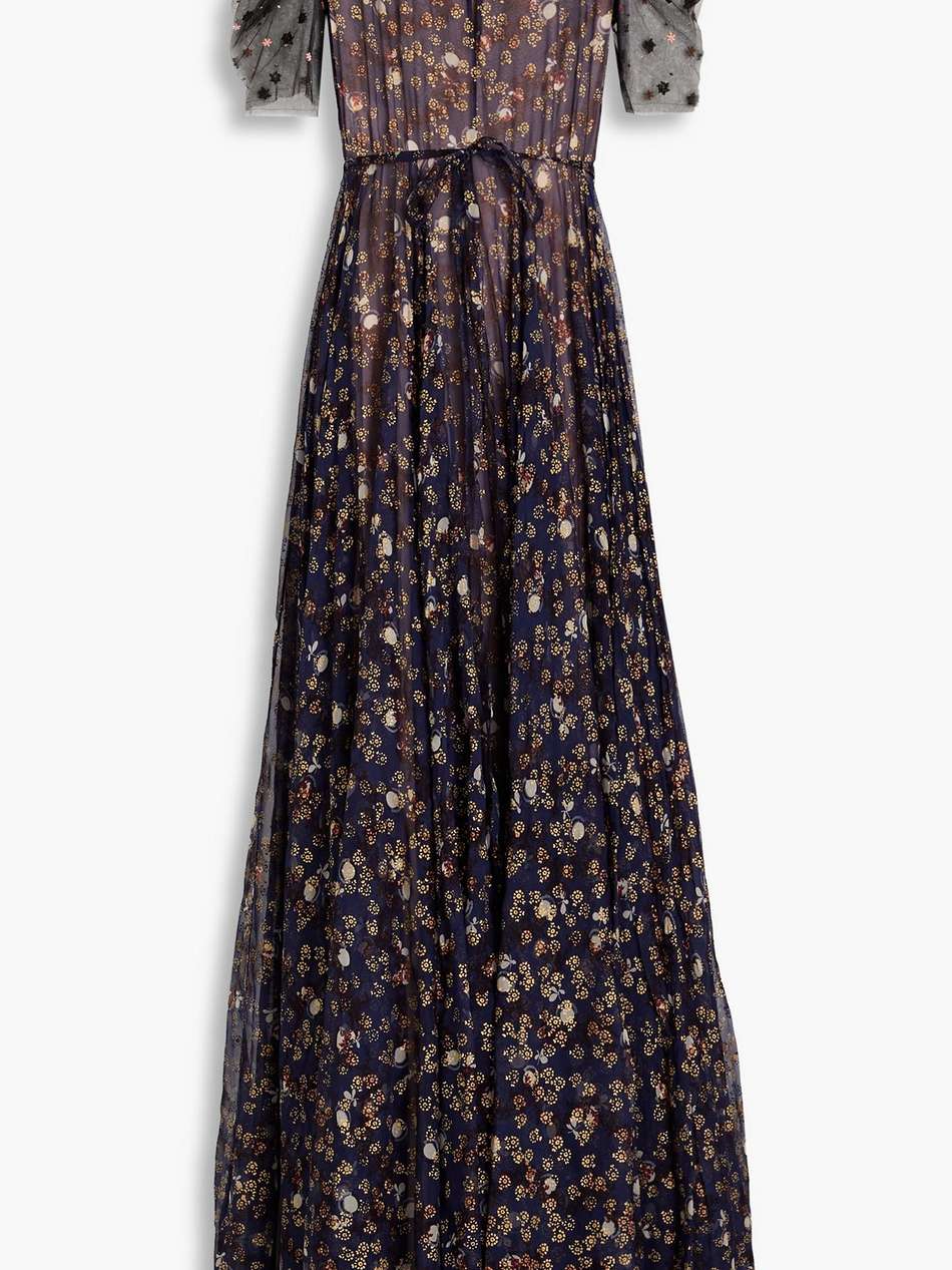embellished tulle-paneled printed silk-chiffon gown