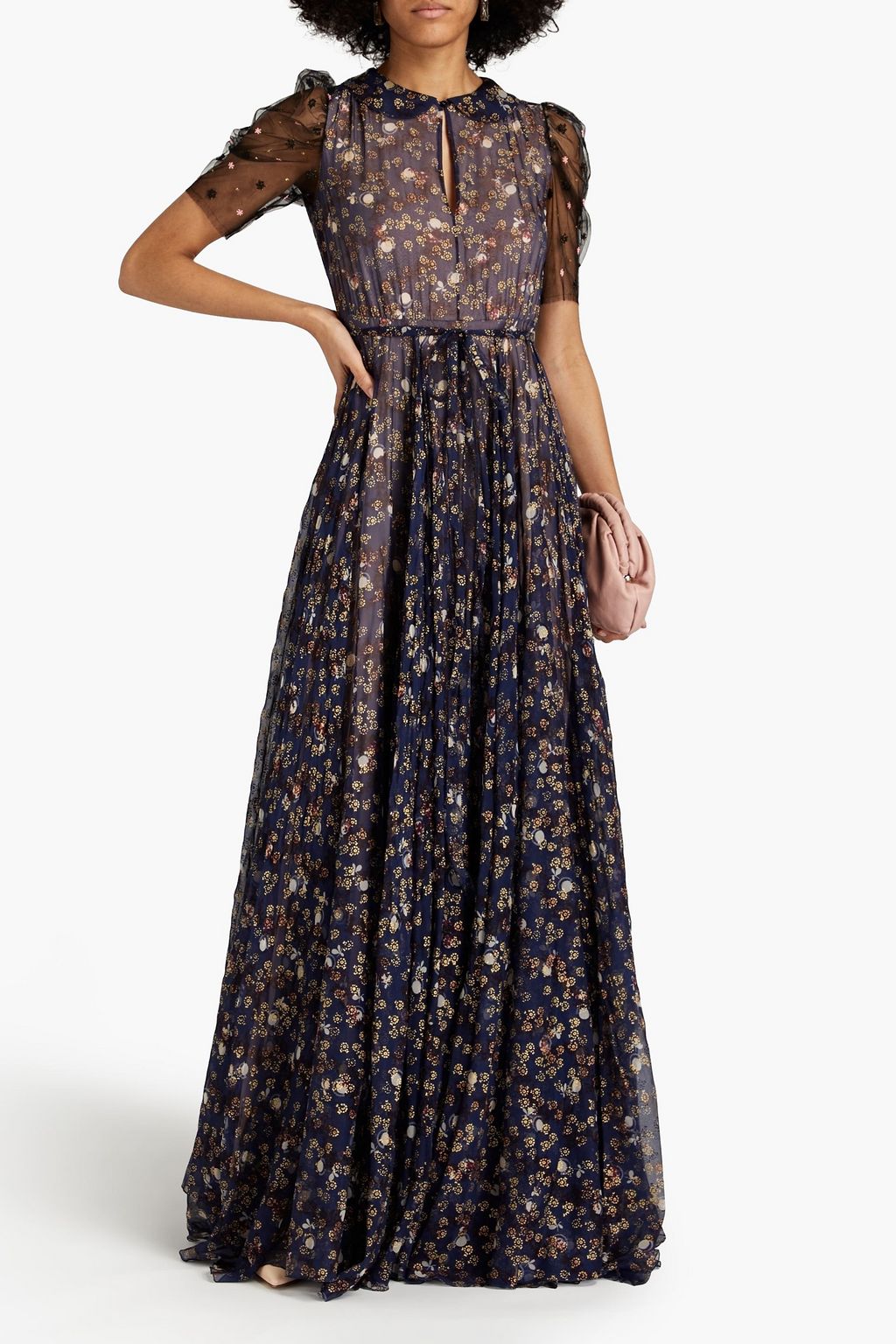 VALENTINO GARAVANI Bedruckte Robe aus Seidenchiffon mit Tülleinsätzen und Verzierung