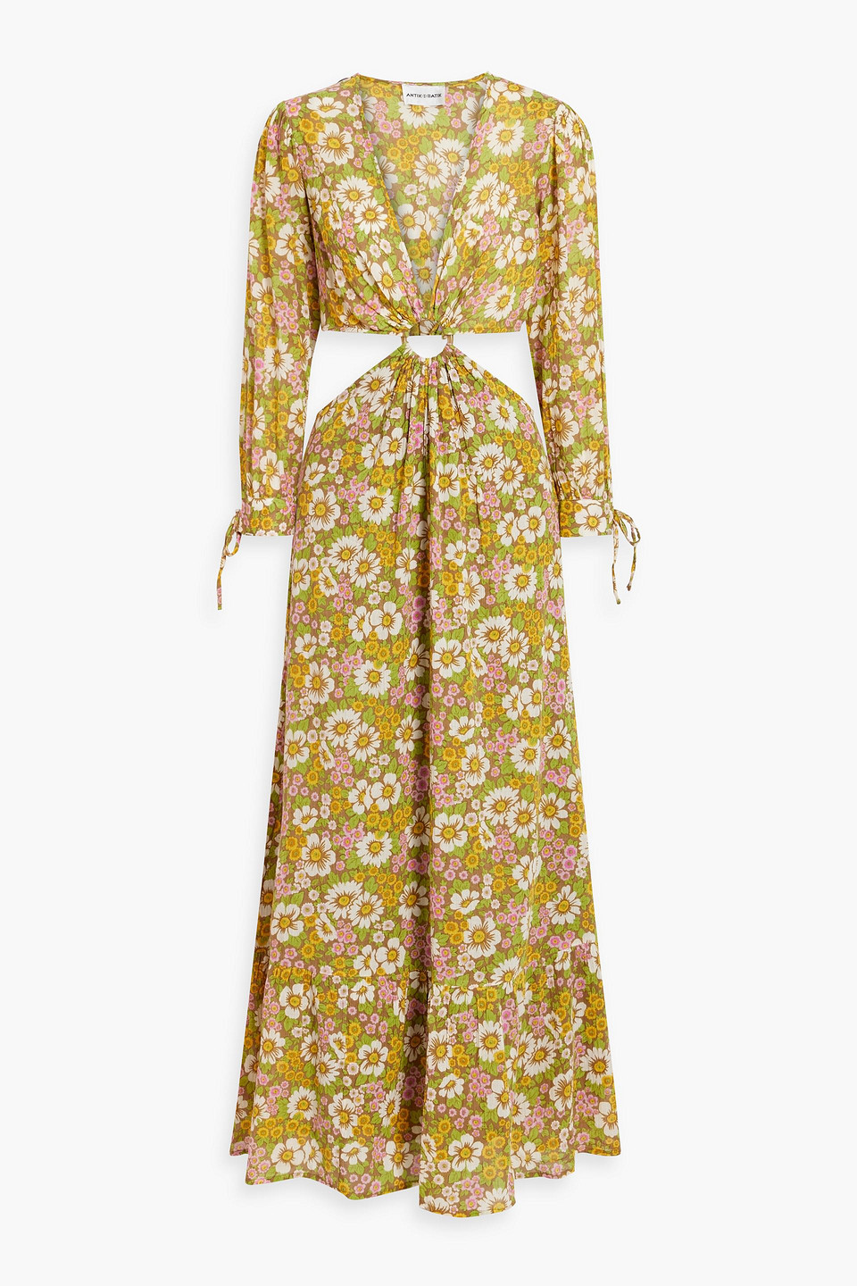 Antik Batik Cutout Floral-print Cotton-georgette Maxi Dress In Leaf Green