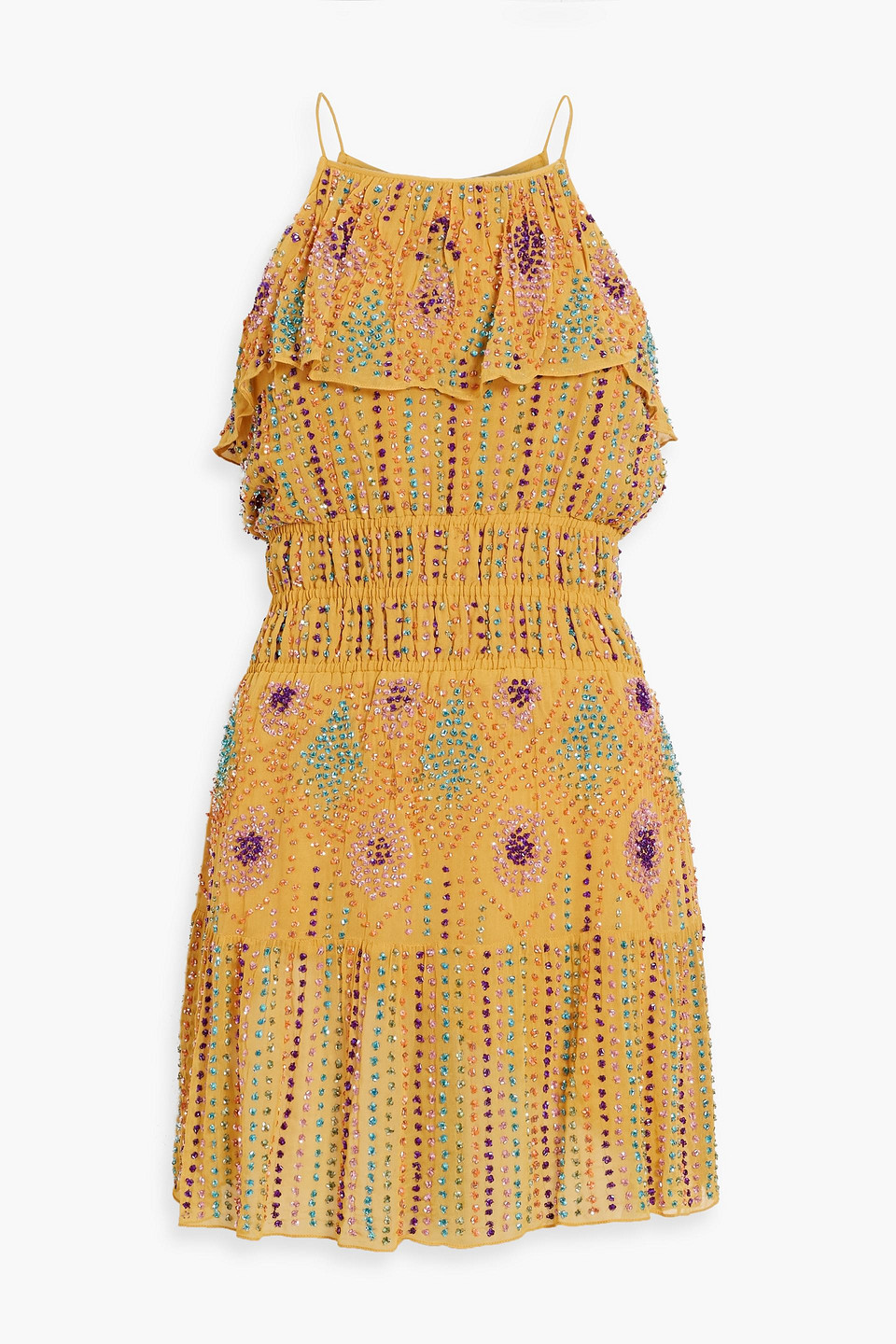 Antik Batik Louise Ruffled Embellished Chiffon Mini Dress In Mustard