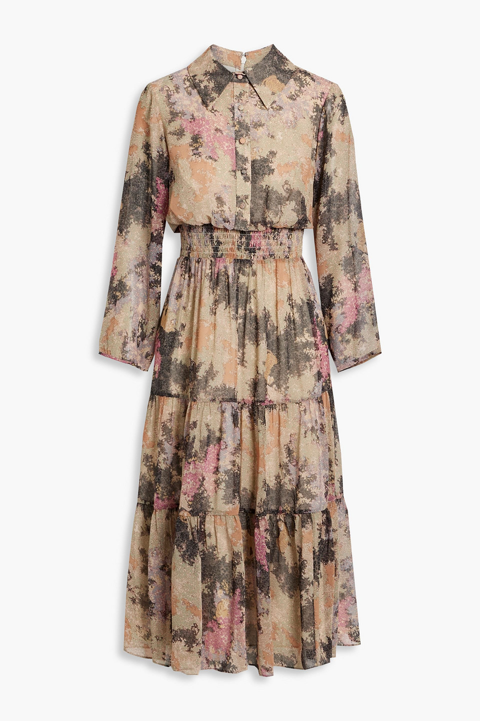 Shop Mikael Aghal Shirred Printed Chiffon Midi Dress In Mushroom