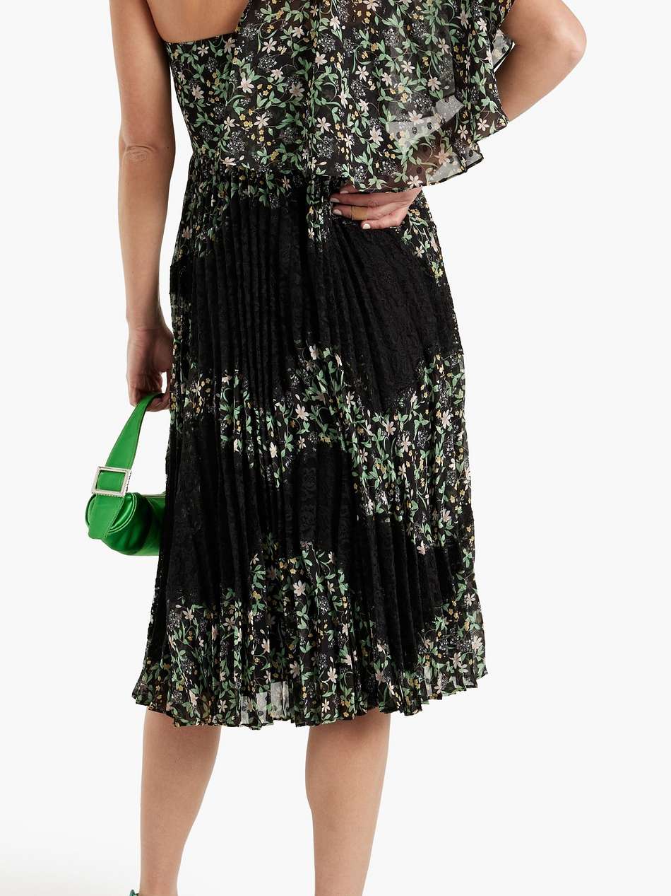 one-shoulder floral-print fil coupé and lace midi dress