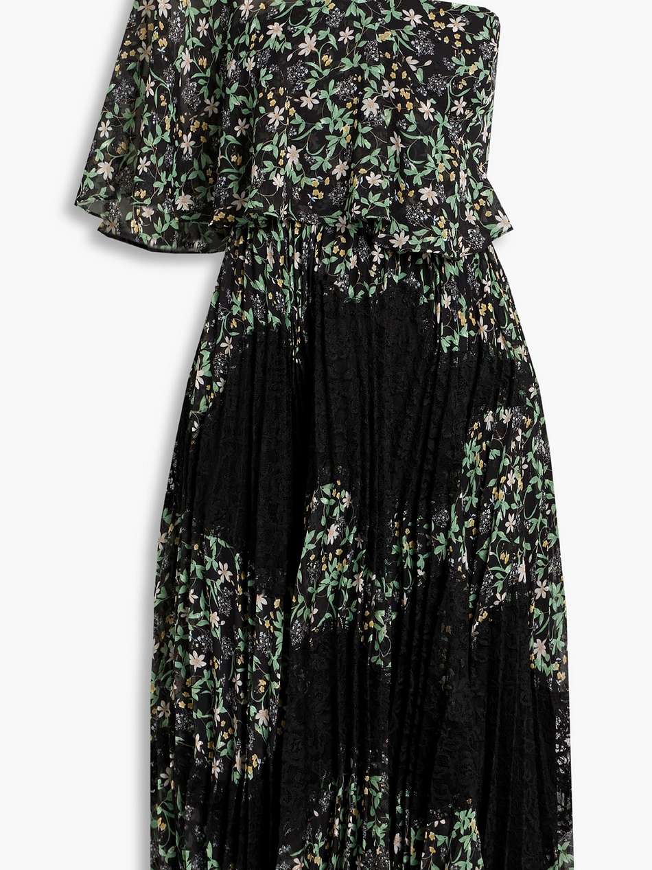 one-shoulder floral-print fil coupé and lace midi dress