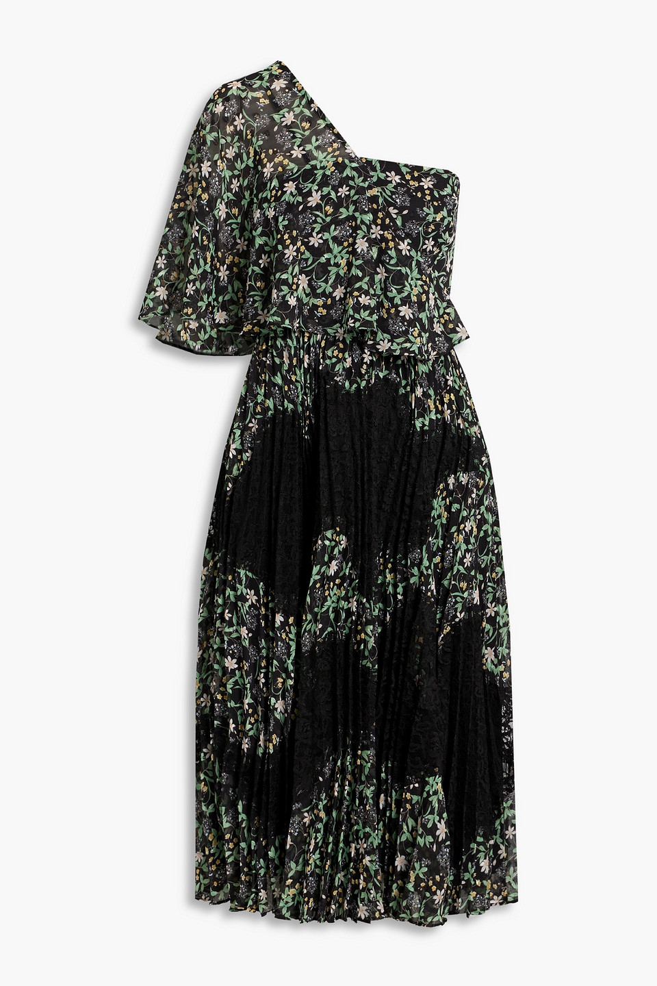 Mikael Aghal One-shoulder Floral-print Fil Coupé And Lace Midi Dress In Black