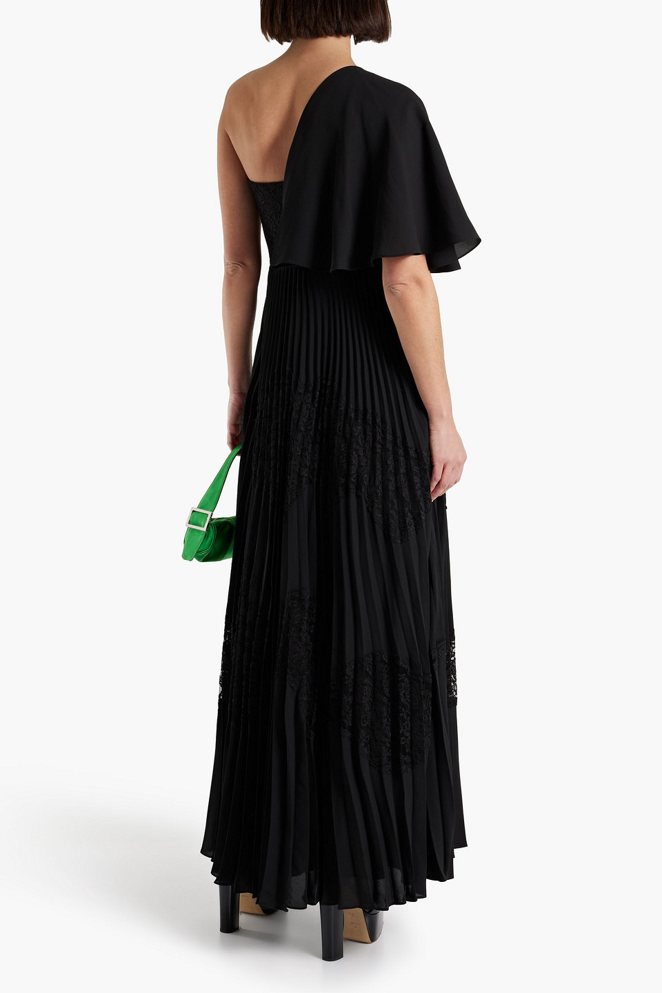 Shop Mikael Aghal One-shoulder Pleated Crepe And Lace Maxi Dress In Black