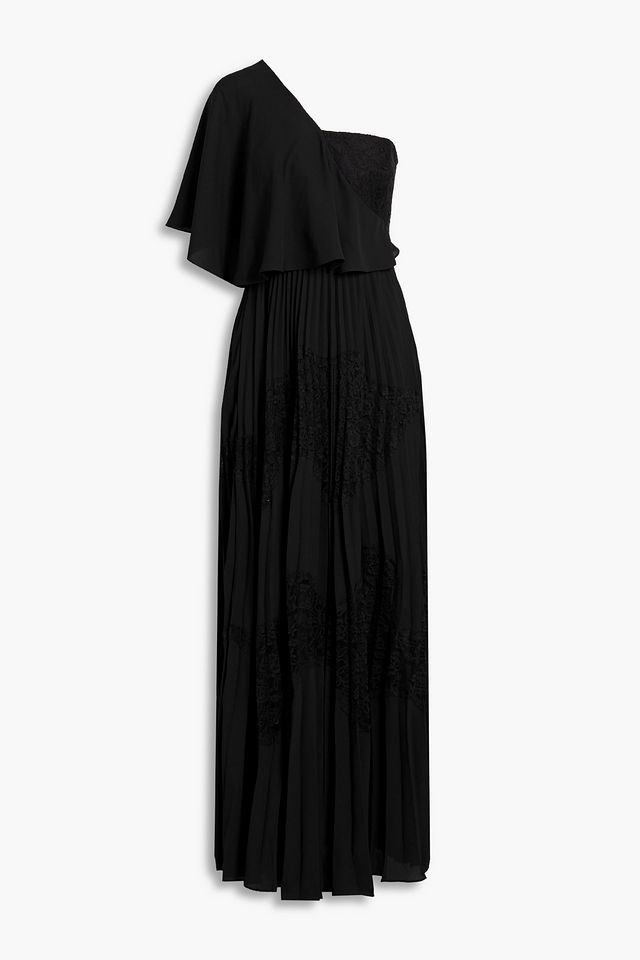 One-shoulder pleated crepe and lace maxi dress