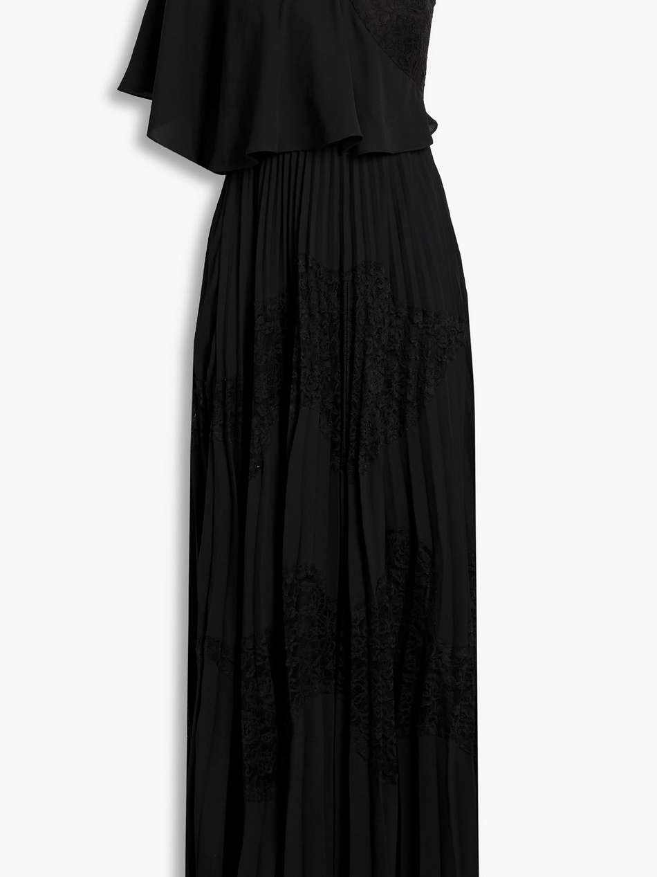 one-shoulder pleated crepe and lace maxi dress