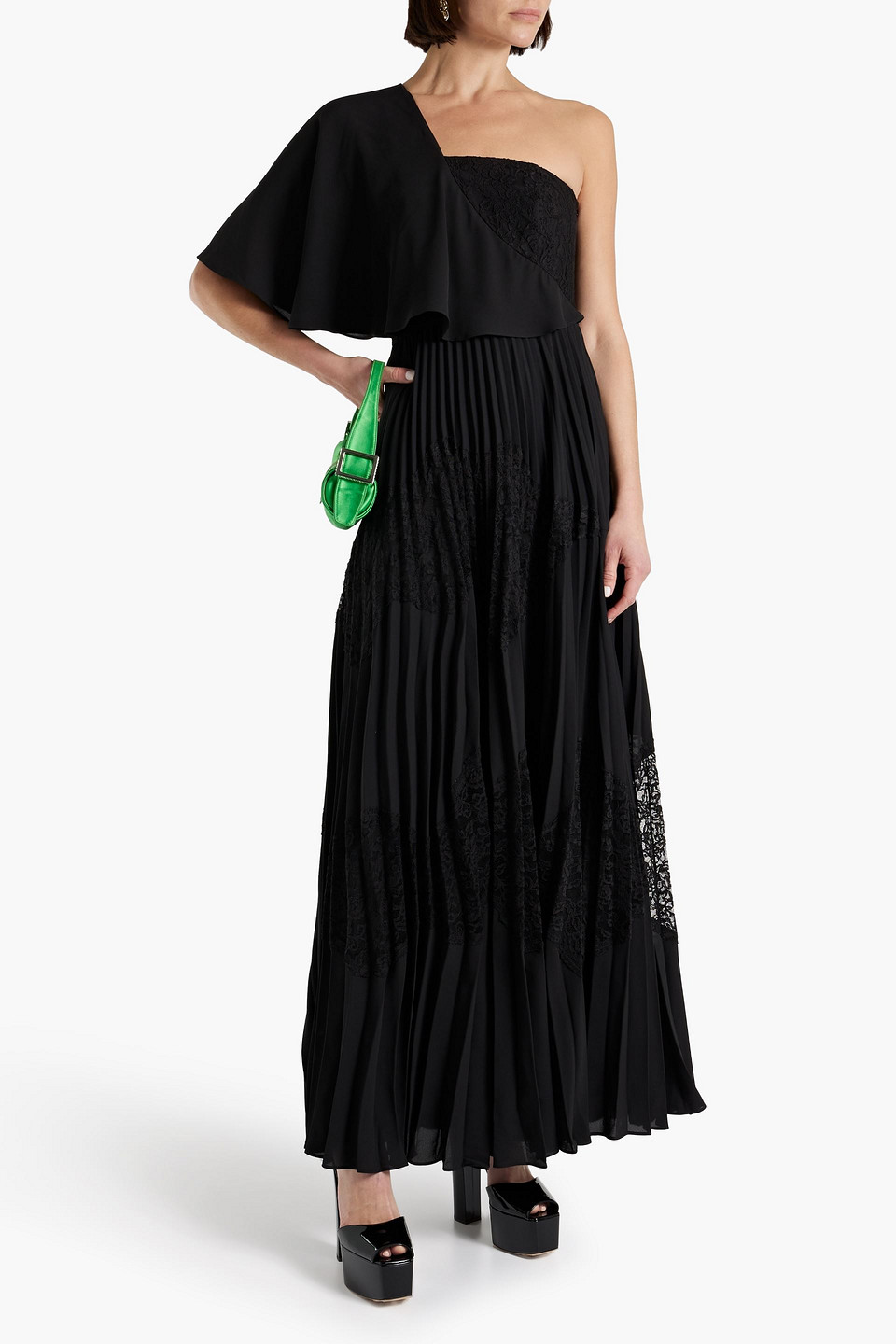 Shop Mikael Aghal One-shoulder Pleated Crepe And Lace Maxi Dress In Black