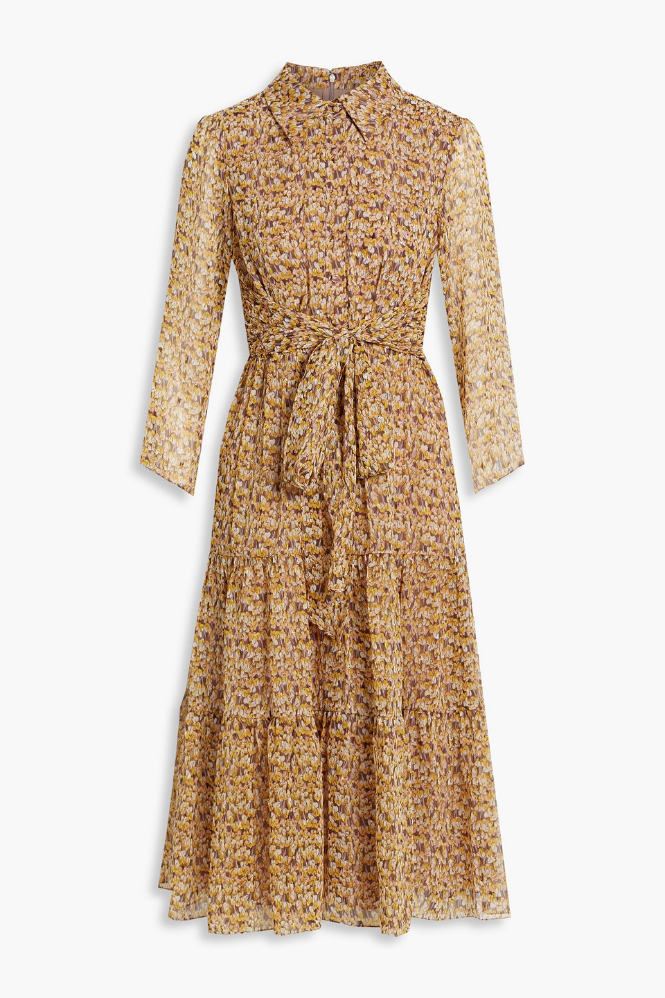 Mikael Aghal Tiered Printed Fil Coupé Chiffon Midi Dress In Saffron