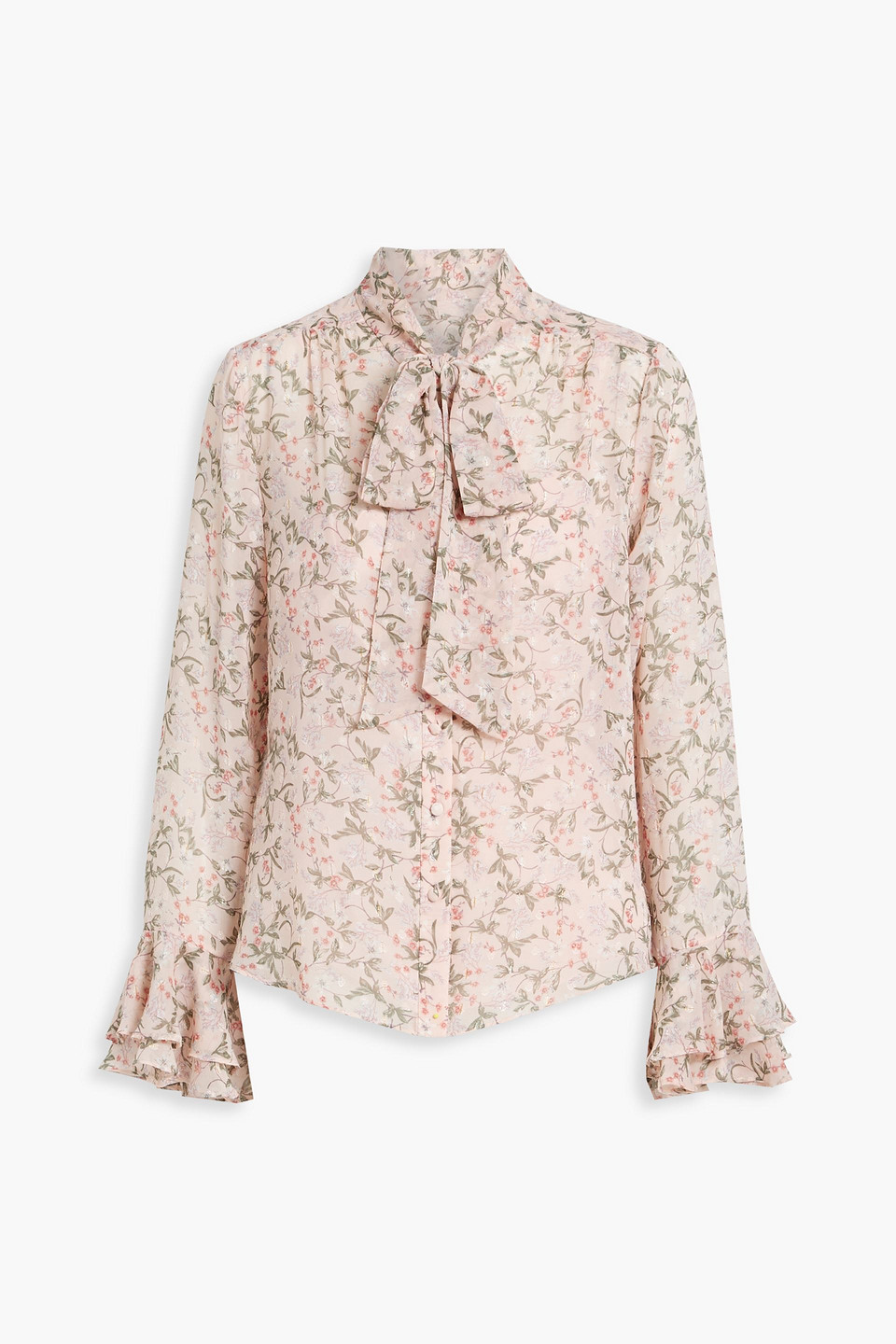 Mikael Aghal Pussy-bow Floral-print Metallic Fil Coupé Blouse In Blush