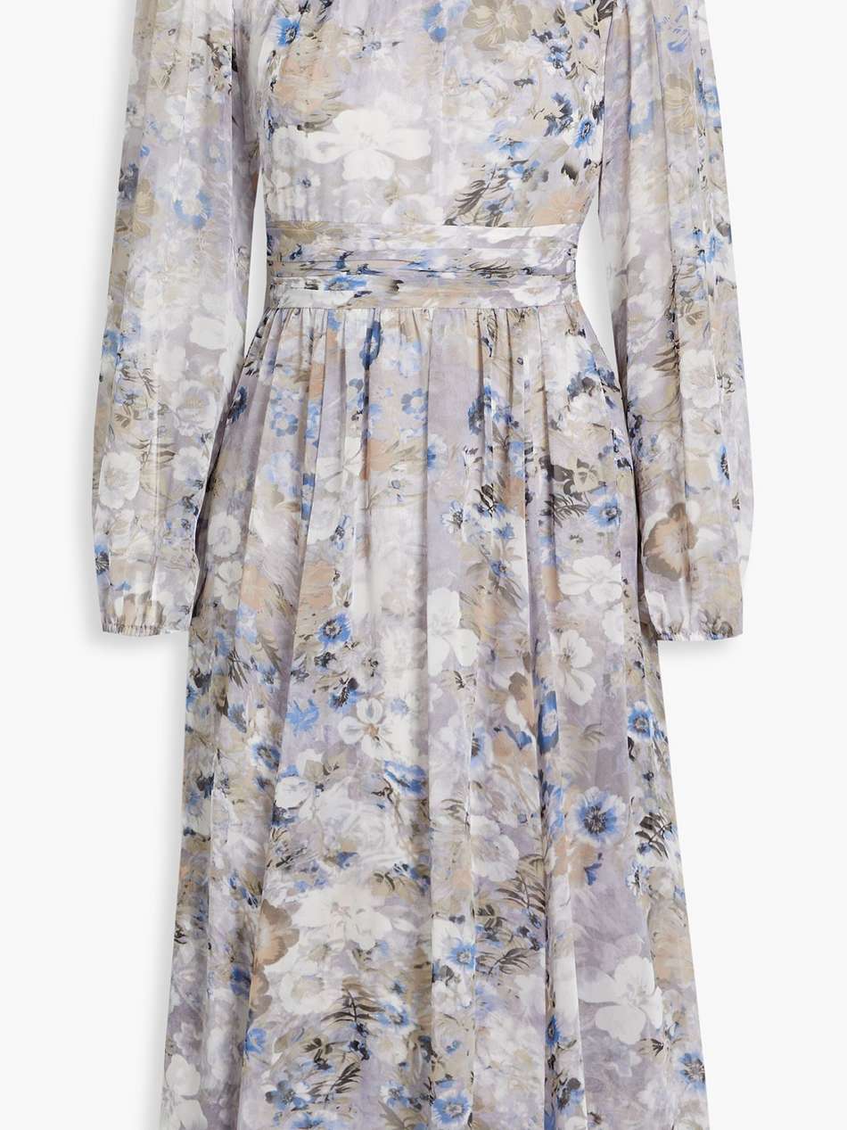 gathered floral-print chiffon midi dress