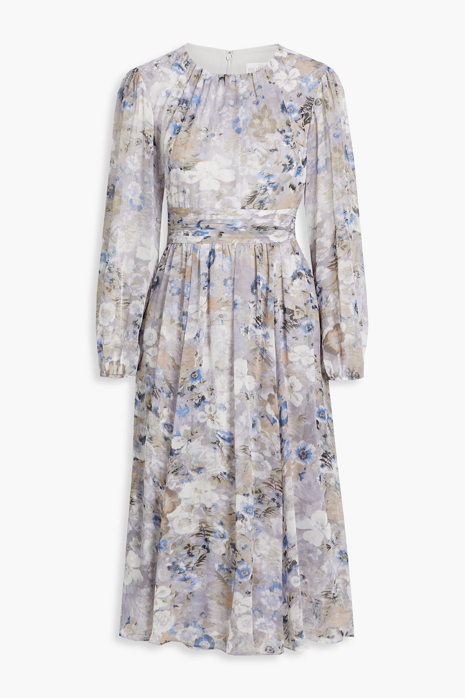 Mikael Aghal Gathered Floral-print Chiffon Midi Dress In Sky Blue