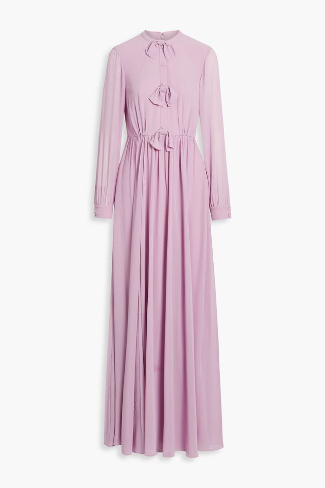 Bow-embellished gathered chiffon maxi dress