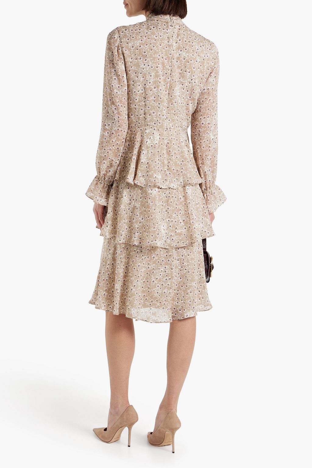 MIKAEL AGHAL Pussy-bow tiered floral-print fil coupé dress
