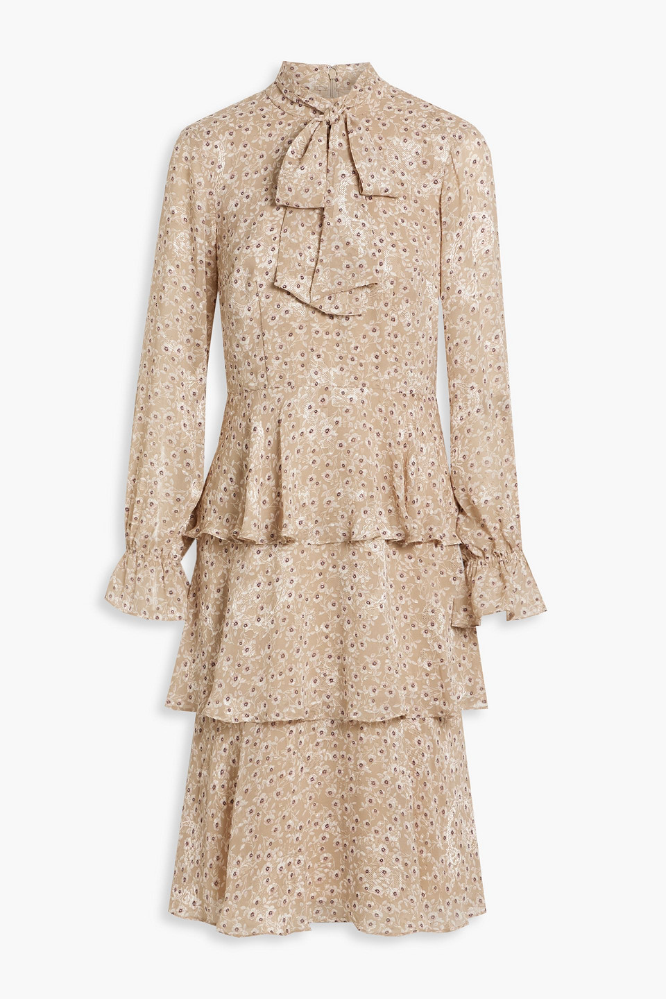 Mikael Aghal Pussy-bow Tiered Floral-print Fil Coupé Dress In Beige