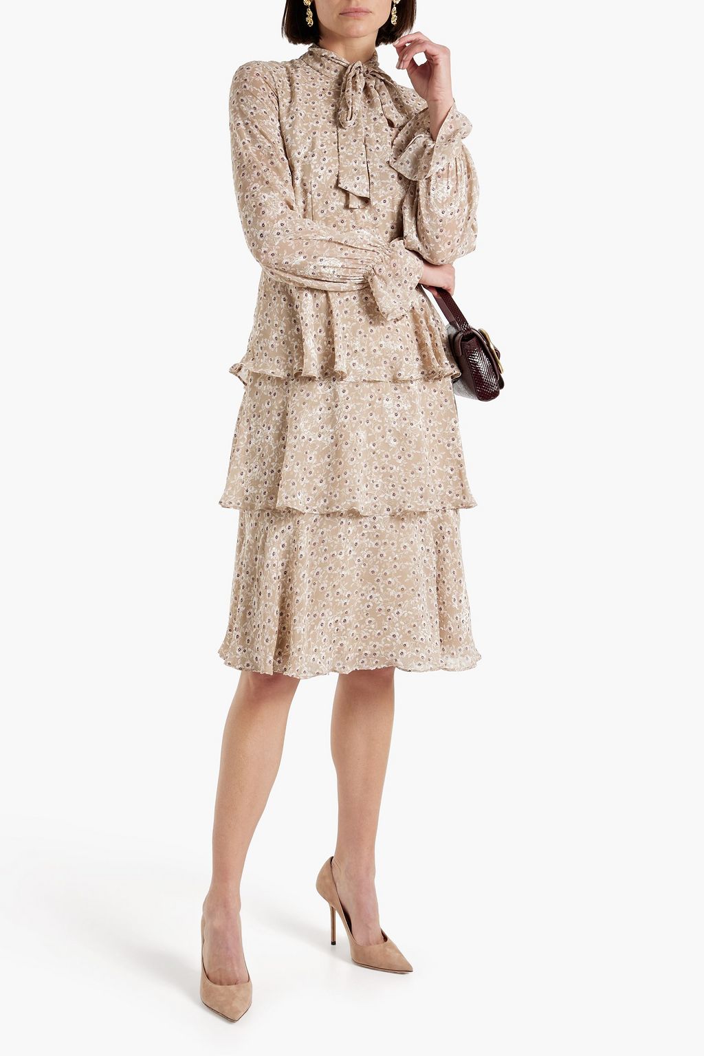 MIKAEL AGHAL Pussy-bow tiered floral-print fil coupé dress