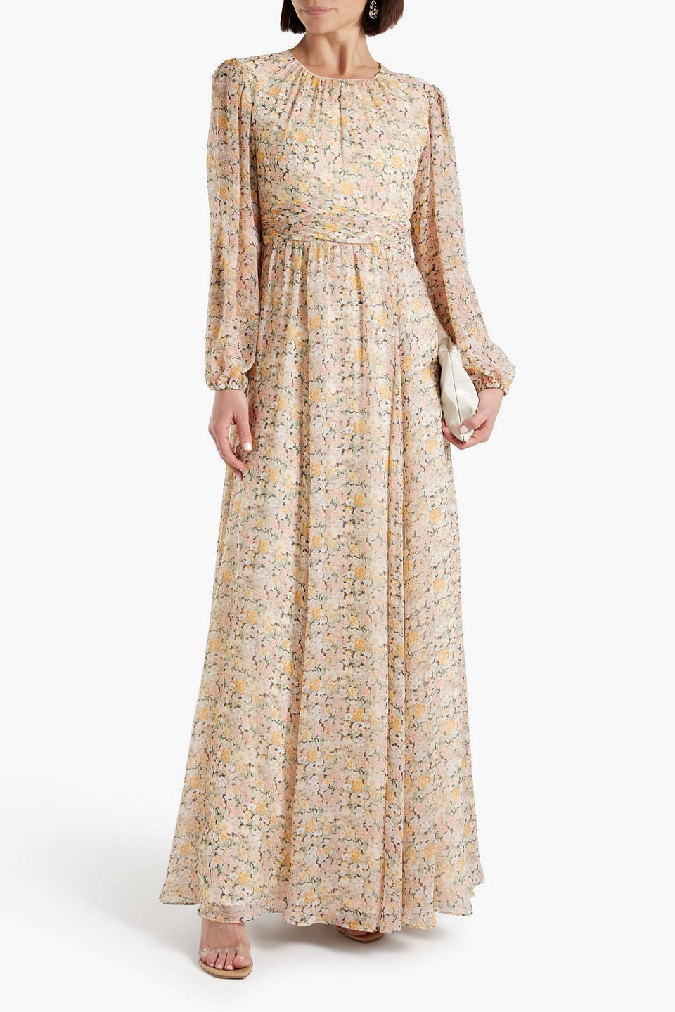 Shop Mikael Aghal Floral-print Chiffon Maxi Dress In Pastel Orange