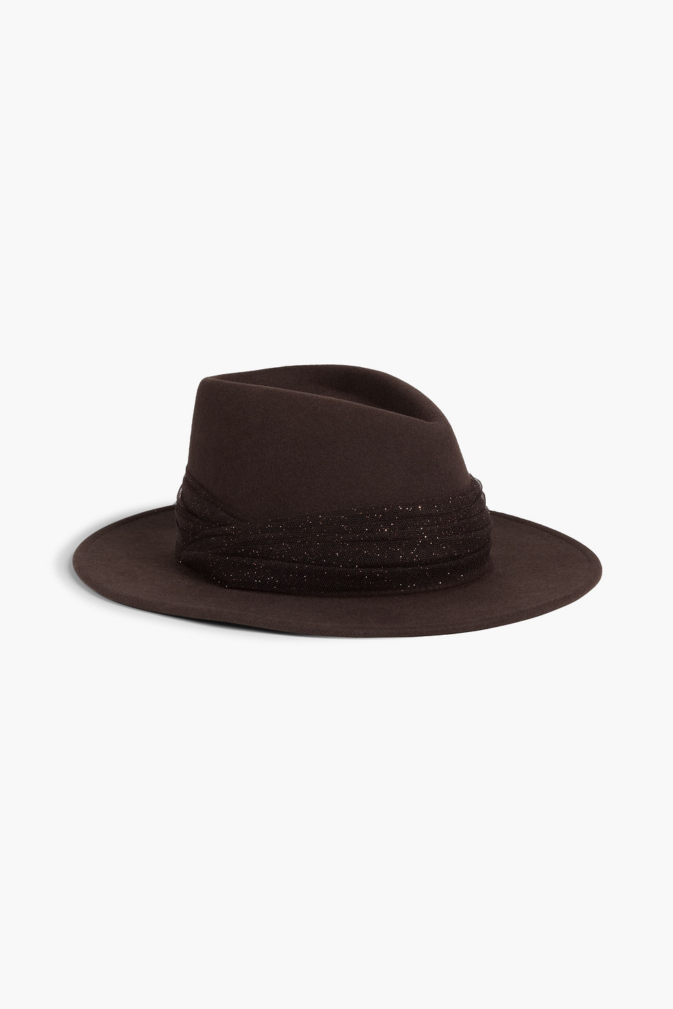 Eugenia Kim Blaine Glittered Tulle-trimmed Wool-felt Fedora In Chocolate