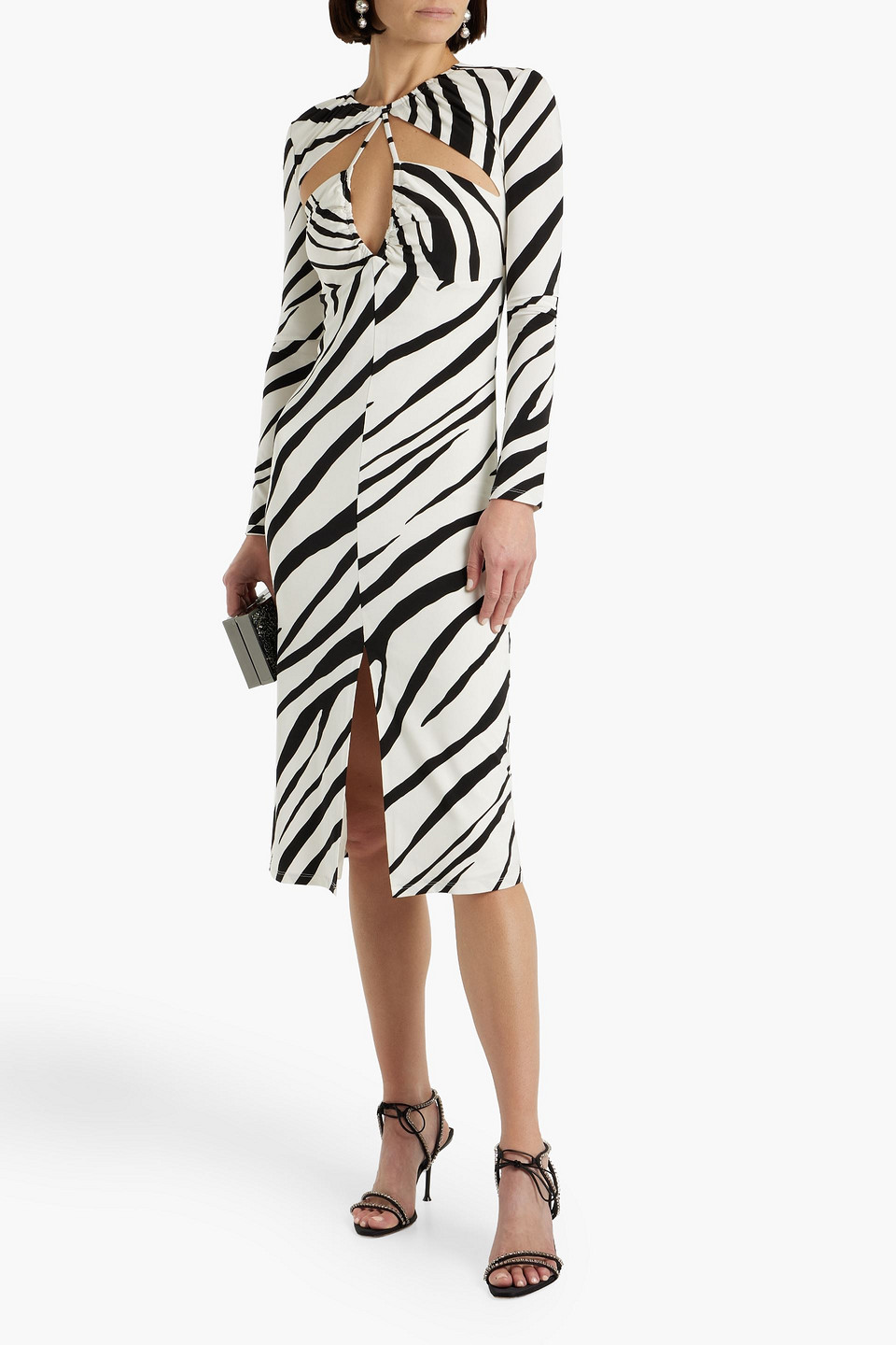 Shop Et Ochs Eleanor Cutout Ruched Zebra-print Stretch-jersey Midi Dress In Black