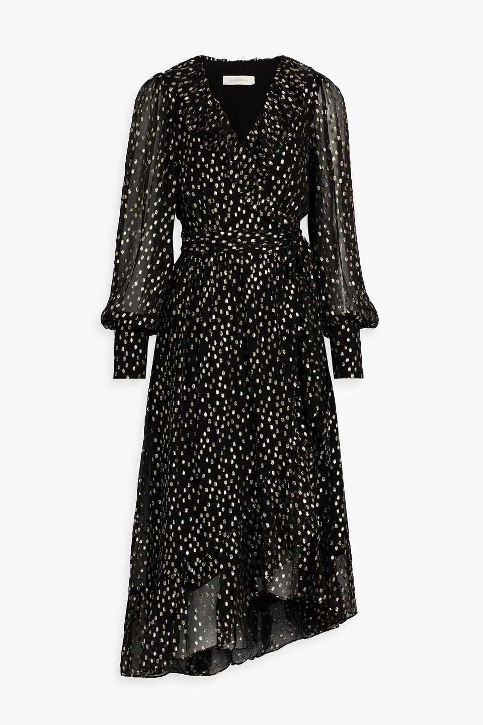 ZIMMERMANN RUFFLED METALLIC FIL COUPÉ SILK-BLEND CHIFFON MIDI DRESS,3074457345635181631